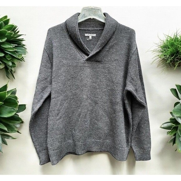 Johnston & Murphy Gray Merino Wool Shawl Neck Sweater Size L Classic Preppy - Picture 4 of 13